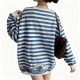 Blue and White Stripe Wave Embroidery Sweatshirt