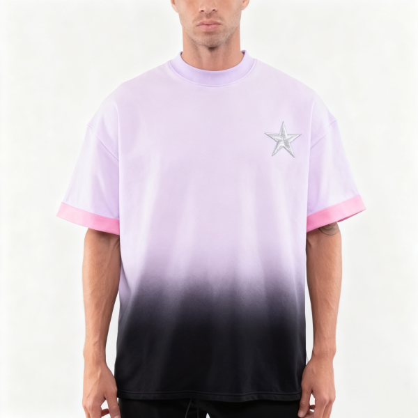 Purple-to-Black Gradient Star Embellished Oversized T-Shirt