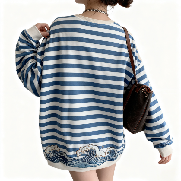 Blue and White Stripe Wave Embroidery Sweatshirt