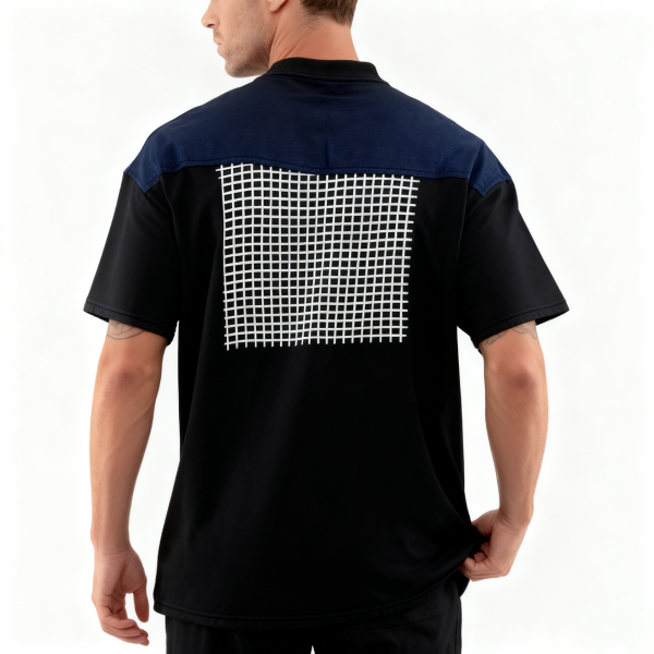 Black & Navy Grid Print Paneled Oversized T-Shirt