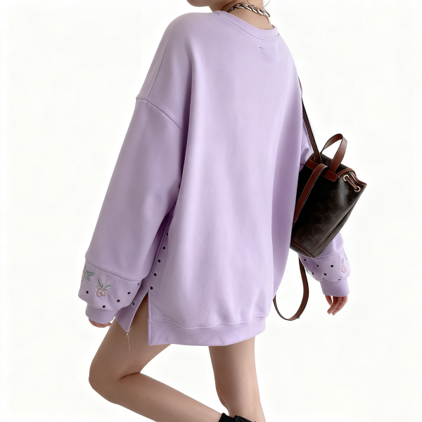 Light Purple Side Slit Floral Detail Sweatshirt