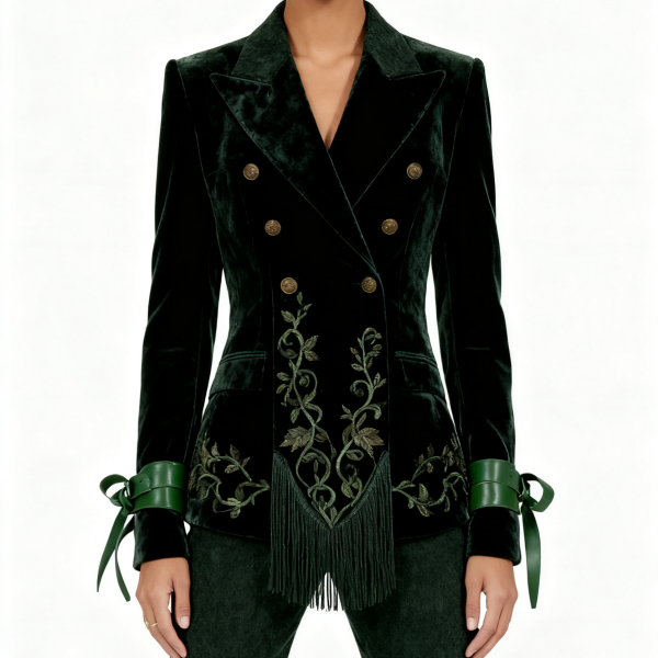 Dark Green Velvet Embroidery Fringe Blazer