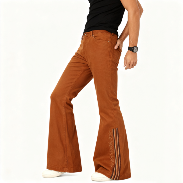 Tan Flared Corduroy Pants with Stripe & Embroidery Detail