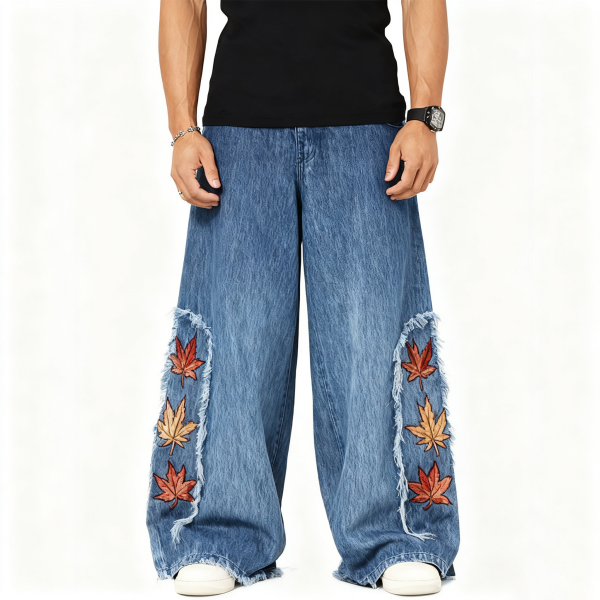 Medium Wash Wide-Leg Jeans with Maple Leaf Embroidery