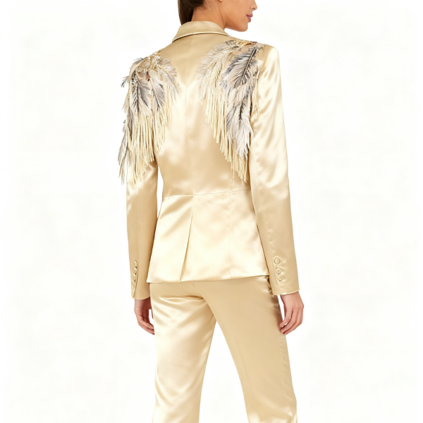 Gold Satin Feather-Embellished Blazer