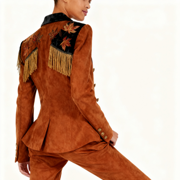 Tan Suede Maple Leaf Fringe Blazer
