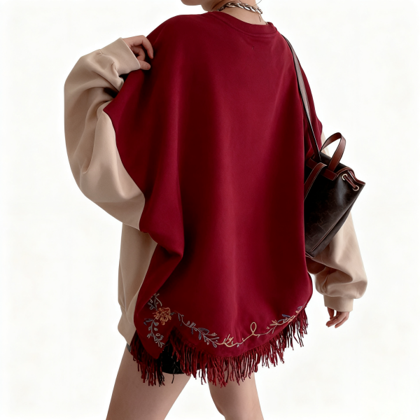 Burgundy and Beige Color Block Fringe Embroidery Sweatshirt