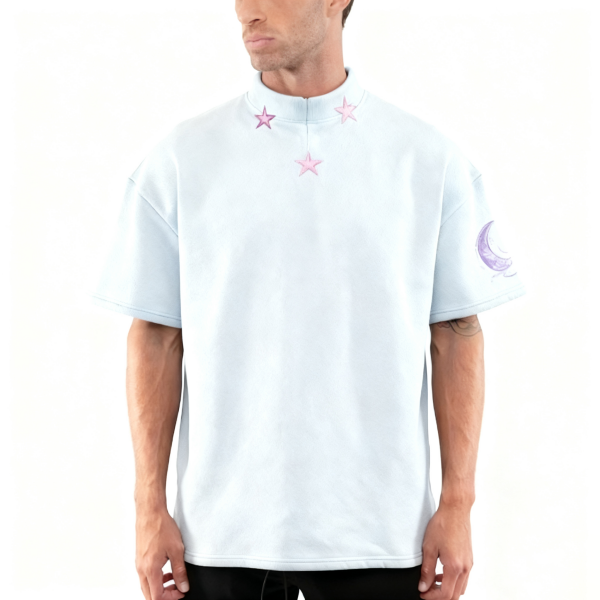 Light Blue Half-Zip Star & Moon Embroidered Short-Sleeve Top