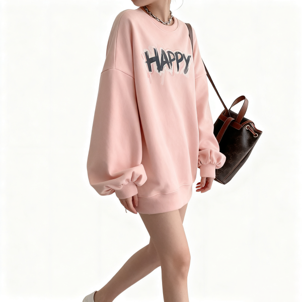 Pink "HAPPY" Graphic Puff Sleeve Sweatshirt