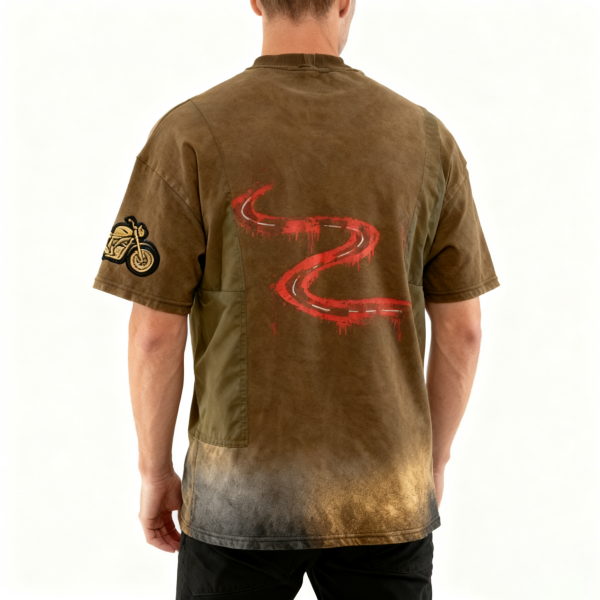 Olive Green Road Print & Motorcycle Embroidery Gradient T-Shirt