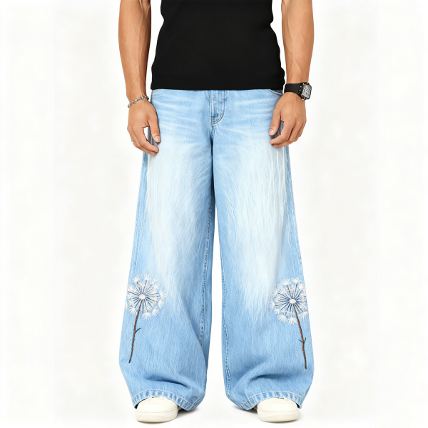 Light Wash Wide-Leg Jeans with Dandelion Embroidery