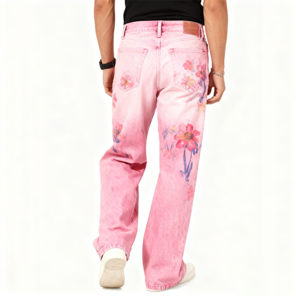 Pink Tie-Dye Floral Print Wide-Leg Jeans