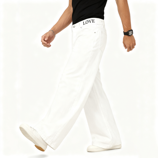 White Wide-Leg Jeans with "LOVE" Waistband Detail