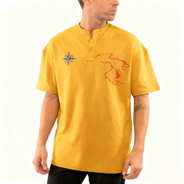 Mustard Yellow Compass & Map Print Button-Back T-Shirt