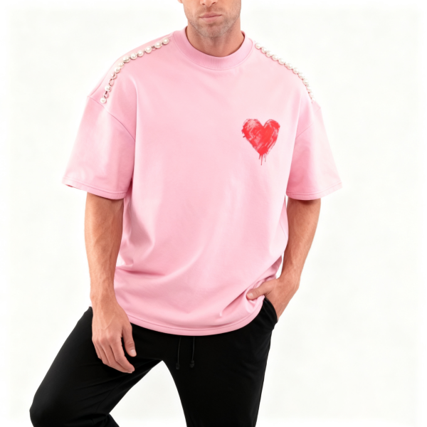 Pink Pearl-Shoulder Heart Graphic Oversized T-Shirt