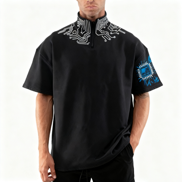 Black Circuit Board Print Half-Zip Short-Sleeve Top