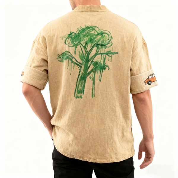 Beige Tree Print & Car Embroidery Oversized T-Shirt